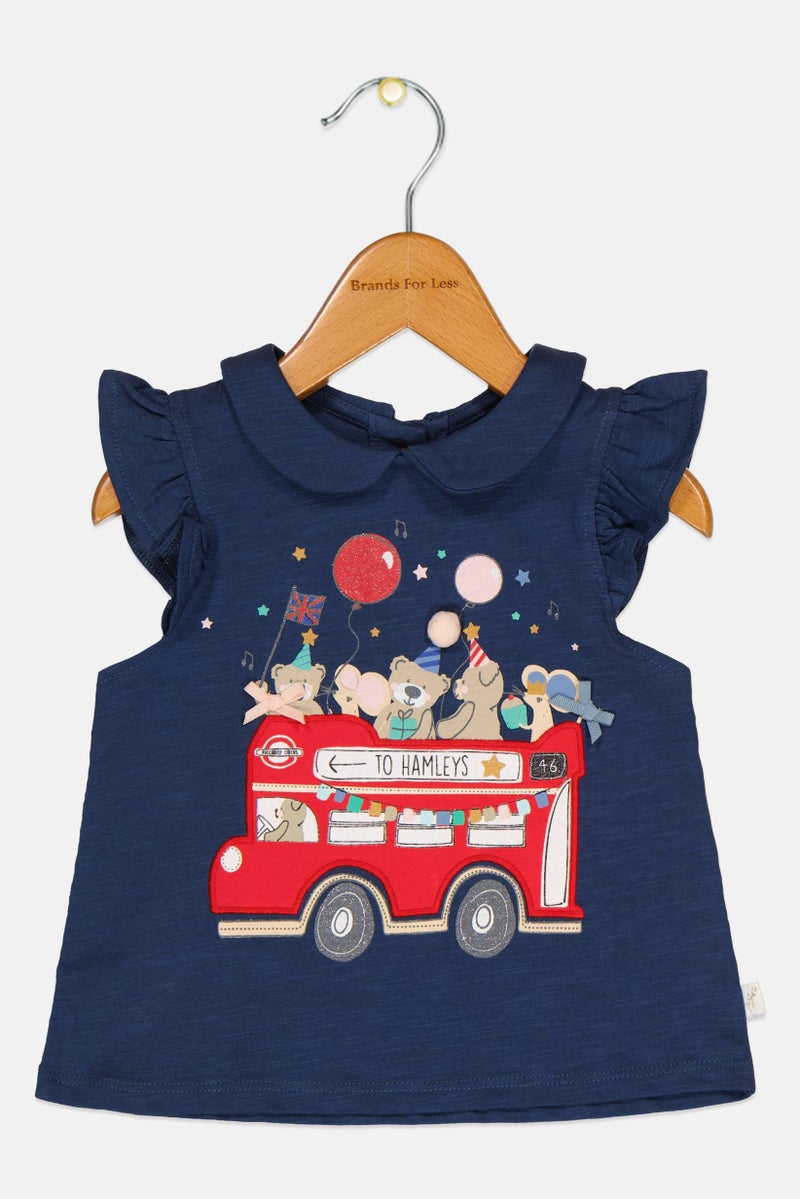 Hamleys Toddlers Girl Spread Collar Graphic Print Top, Navy - Image 2